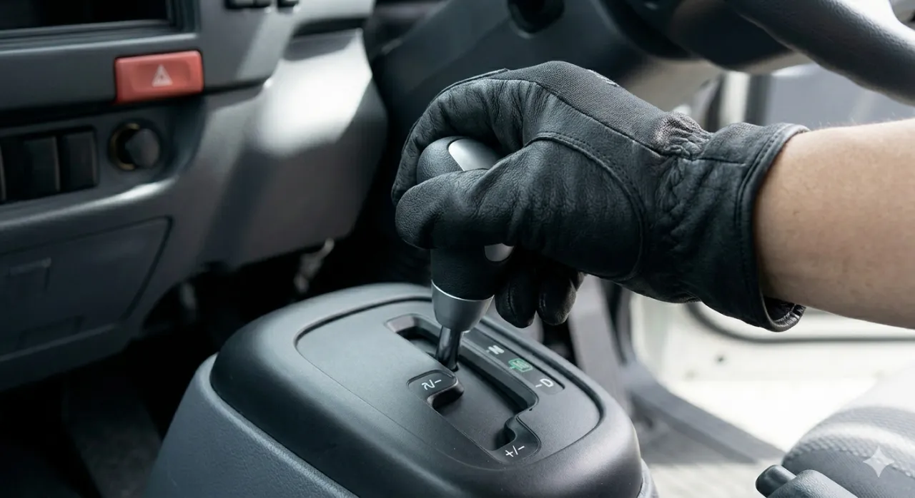 ★ドライバーがグローブを着用して、トラックのセミオートマ（AMT）のシフトレバーをマニュアルモードに操作している様子。★