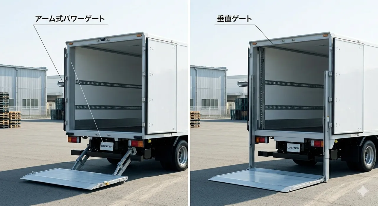 アルミバン垂直パワーゲートと跳ね上げ式パワーゲートの比較画像
