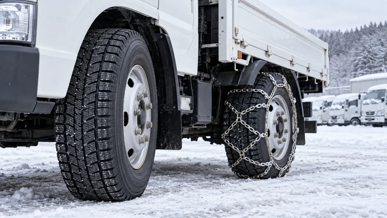雪道用のスタッドレスタイヤとタイヤチェーンを装着したトラックの比較